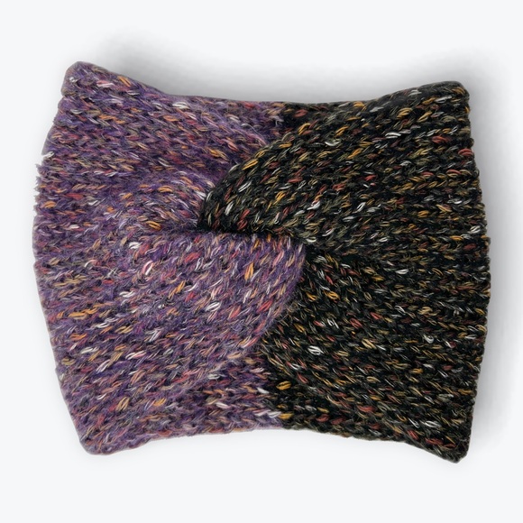 Handmade Cotton Alpaca Tweed Knit Twist Ear Warmers Purple Iris & Black Charcoal - Picture 10 of 10